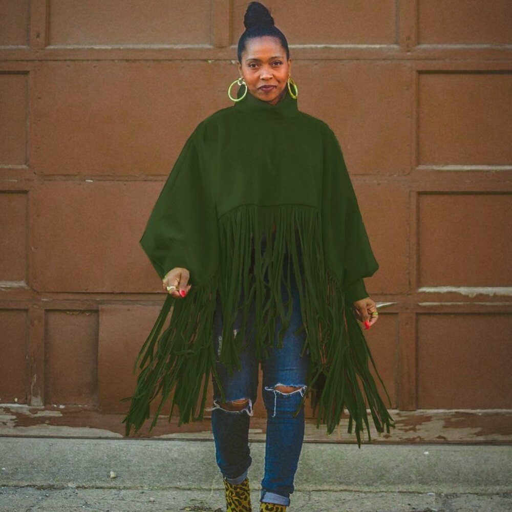 Plus Size Fringe Poncho Coat | High Neck Batwing Cape (1X–5X)